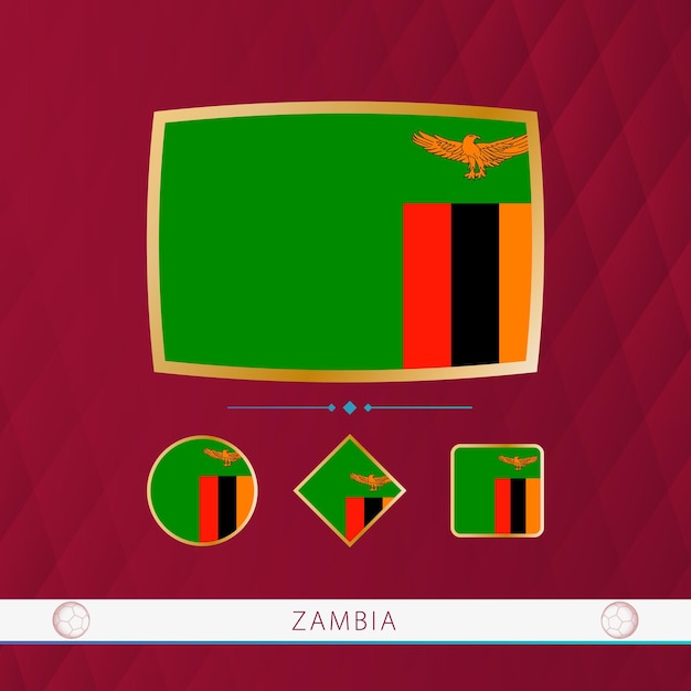 Set of Zambia flags with gold frame for use at sporting events on a burgundy abstract background