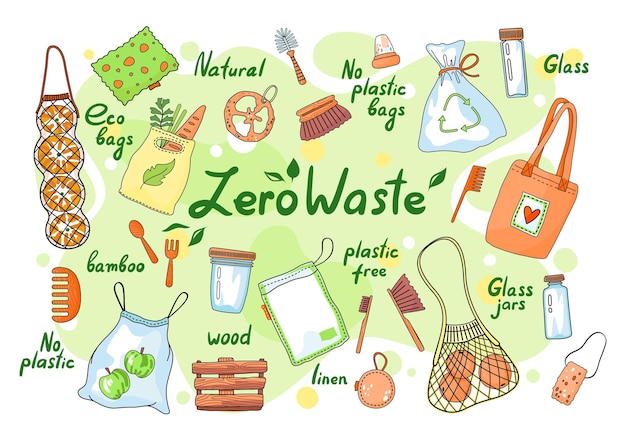 Set of zero waste elements and lettering Zero waste doodles no plastic garbage sorting campaign symbols stickers icons pack Go green eco style save the planet eco bags disposable containers