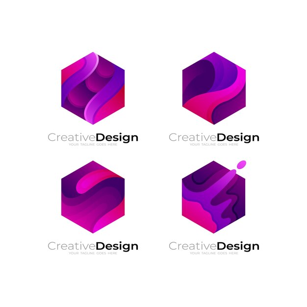 Set zeshoek logo met abstracte ontwerpsjabloon, 3d kleurrijk