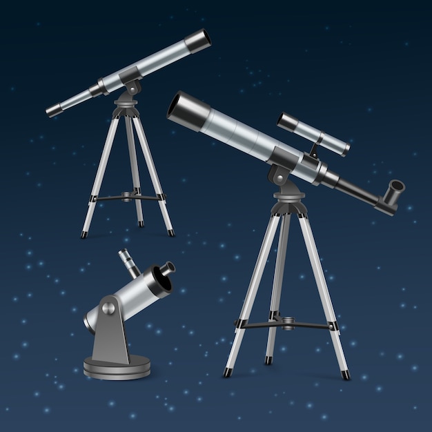 Vector set zilveren optische telescopen op standaard en statief, illustratie van astronomische instrumenten geïsoleerd op blauwe ster achtergrond