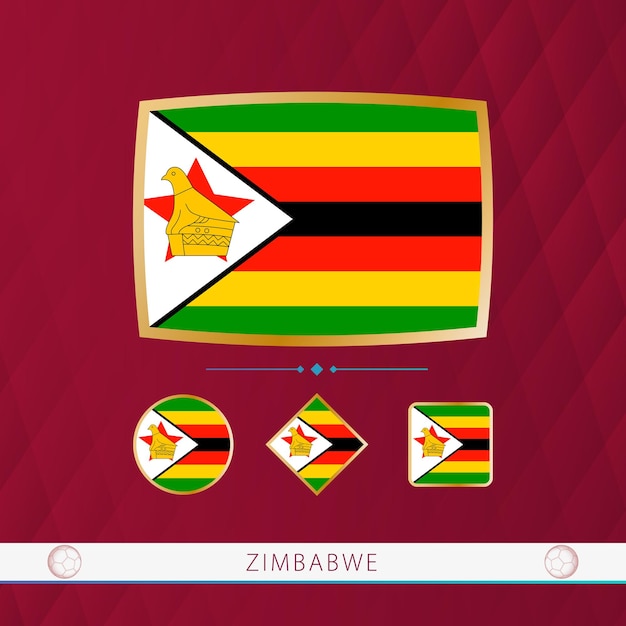 Set of zimbabwe flags with gold frame for use at sporting events on a burgundy abstract background