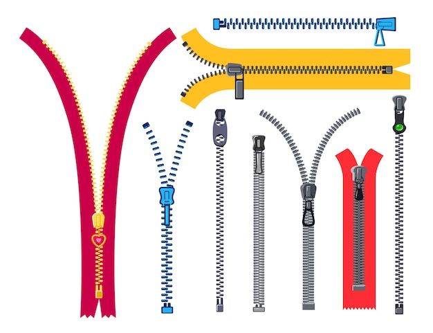 Set of Zip Fasteners, Closed and Open Metal Zippers with Puller on Fabric