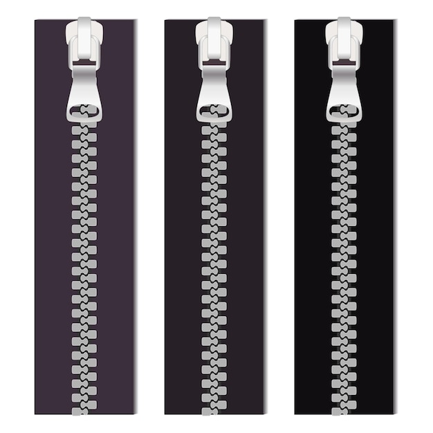 Set of zippers for clothes vector illustration of zippers in gray colors realistic closeup