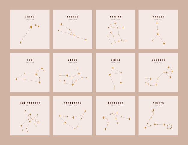 Vector set of zodiac constellations. horoscope vector illustration in boho style.