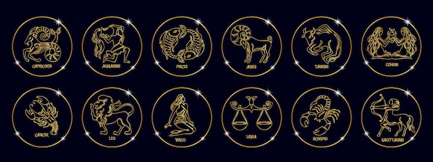 Set of zodiac signs in golden shiny circles. Golden design on a black background. Icons, templates,