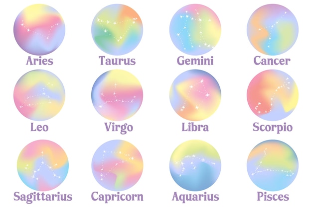 Set of zodiac signs on a holographic gradient background Astrological horoscope Constellation Aries Taurus Leo Gemini Cancer Virgo Libra Scorpio Sagittarius Aquarius Capricorn Pisces