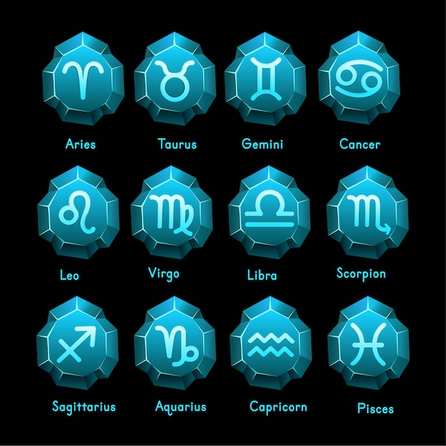 Set of zodiac signs icons. aries, taurus, gemini,  cancer,  leo, virgo,  libra, scorpio, sagittarius, aquarius, capricorn, pisces. vector illustration in cartoon line style.