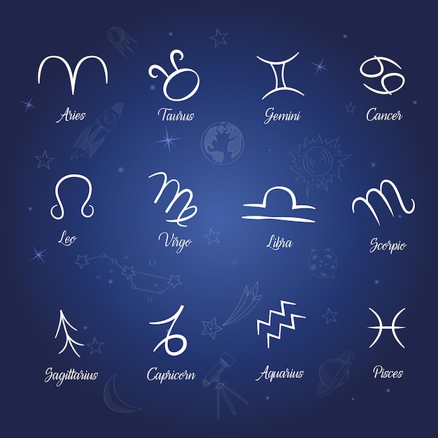 Vettore set di segni zodiacali su sfondo notte stellata