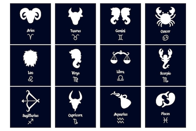 Set of zodiac signs, white signs on a blue background. Horoscope icons, vector