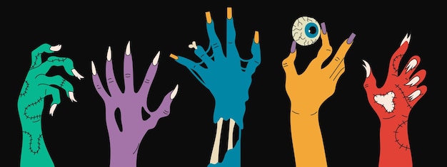 Vector a set of zombie hands on a black background isolated collection of multicolored hands with damage