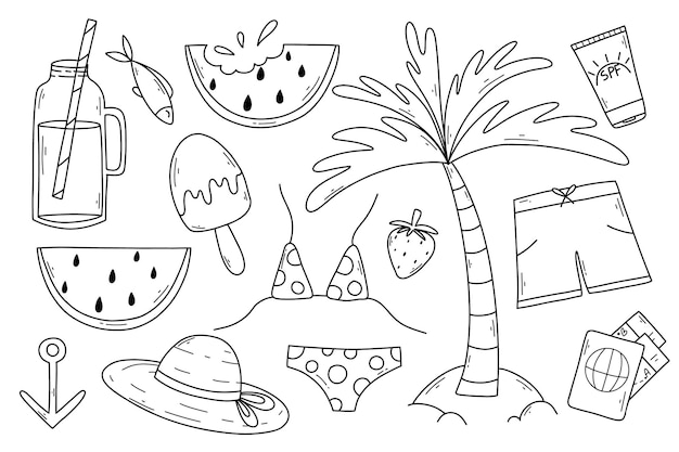 Set zomer elementen in doodle stijl vector illustratie lineaire collectie met badmode zwembroek paspoort crème palm vakantie items collectie