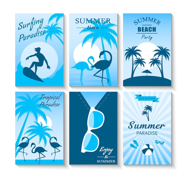 Set zomer monochrome retro posters met flamingo, zonnebril, surfer enz. Vectorillustratie.