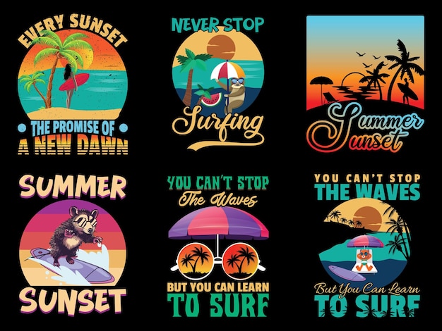 Set zomer selfing tshirt ontwerpsjabloon in retro vintage stijl