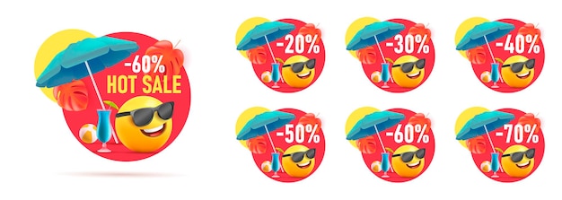 Set zomer verkoop korting prijskaartjes cirkel vormen met 3d illustratie van smiley