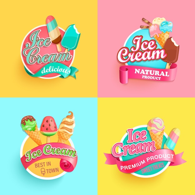 Set zomerijsjes labels Heldere collecties voor verschillende ijscoupes in het warme seizoen Gelato voor bannerpostermerksjabloonverpakkingverpakkingembleem Adverteren voor caféVectorillustratie