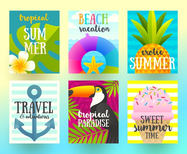 Set zomervakantie en tropische vakantie posters of wenskaarten