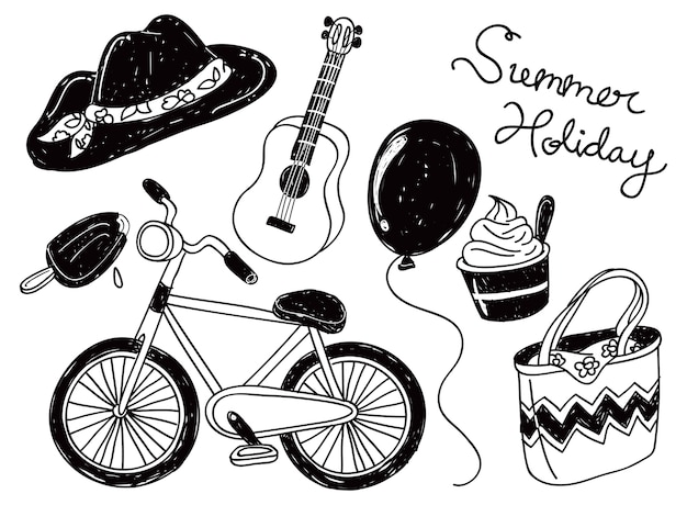 Set zomervakantie-object in doodle stijl