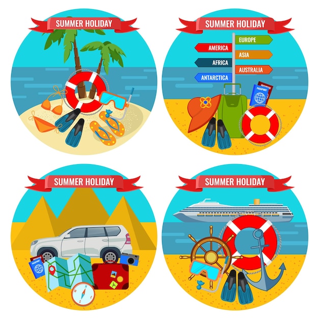 Set zomervakantie posters reizen over land en water concept. accessoires voor een goede reis en vervoermiddelen op de achtergrond van een tropisch landschap