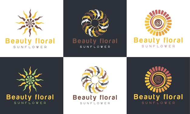Set zonsopganglogo en zonsonderganglogo, Sun Flower Logo-ontwerp Premium vectorsjabloon