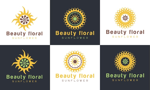 Set zonsopganglogo en zonsonderganglogo, Sun Flower Logo-ontwerp Premium vectorsjabloon