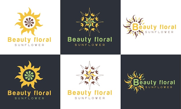 Set zonsopganglogo en zonsonderganglogo, sun flower logo-ontwerp premium vectorsjabloon