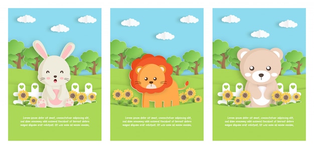 Set of zoo animal with Leo , bear and rabbit , in garden for birthday template card , postcard .  paper cut style.