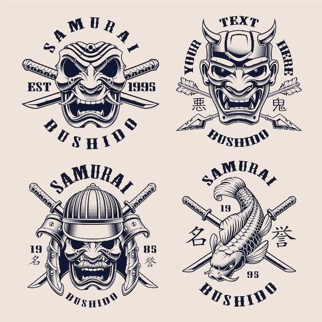 Set zwart-wit vintage emblemen voor samurai-thema