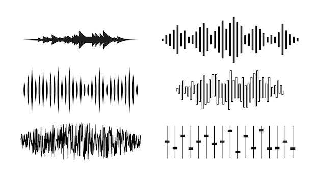 Set zwarte collectie abstracte elementen audio golven stem geluid muziek vormen vector ontwerpstijl