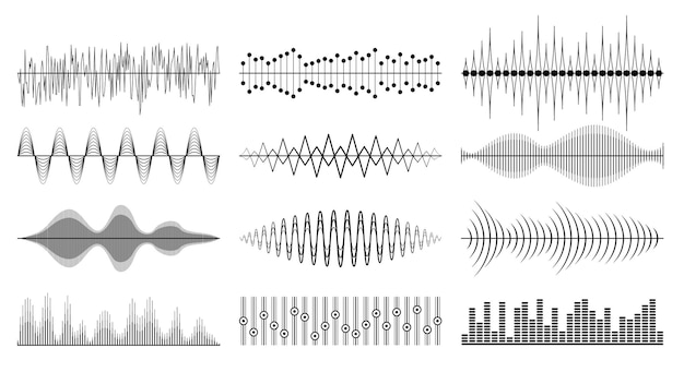 Set zwarte collectie abstracte elementen audio golven stem geluid muziek vormen vector ontwerpstijl