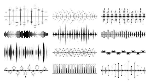 Set zwarte collectie abstracte elementen audio golven stem geluid muziek vormen vector ontwerpstijl