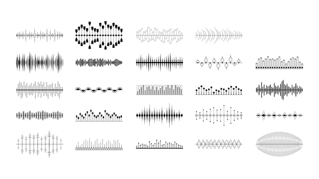 Set zwarte collectie abstracte elementen audio golven stem geluid muziek vormen vector ontwerpstijl