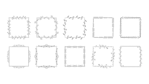 Set zwarte eenvoudige lijn frame collectie doodle vierkante bloemen frame elementen vector ontwerpstijl