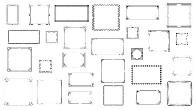 Set zwarte eenvoudige lijn frame collectie doodle vierkante bloemen frame elementen vector ontwerpstijl