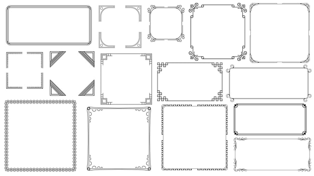 Set zwarte eenvoudige lijn frame collectie doodle vierkante bloemen frame elementen vector ontwerpstijl