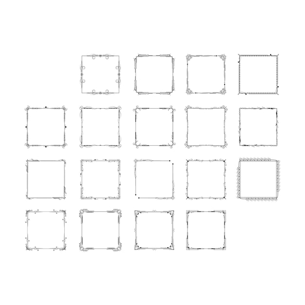 Set zwarte eenvoudige lijn frame collectie doodle vierkante bloemen frame elementen vector ontwerpstijl