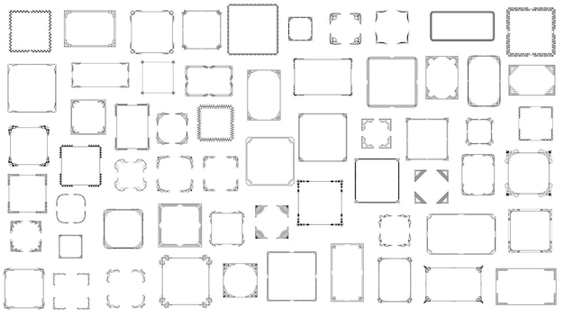 Set zwarte eenvoudige lijn frame collectie doodle vierkante bloemen frame elementen vector ontwerpstijl