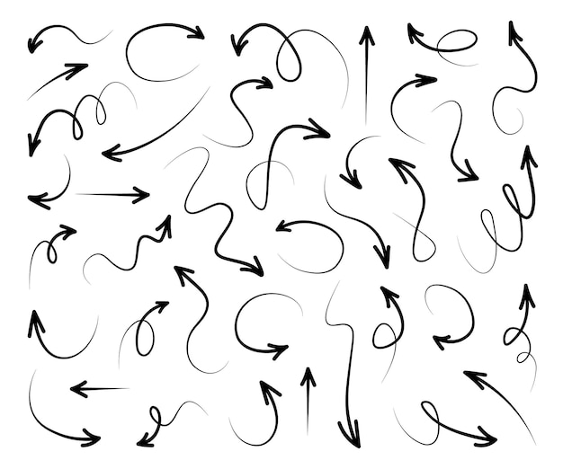 Set zwarte met de hand getekende pijlen Schetspijlontwerp voor bedrijfsplan en onderwijs Vector