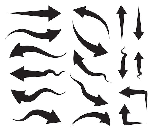 Set zwarte pijlvectoren met verschillende vormen en richtingen