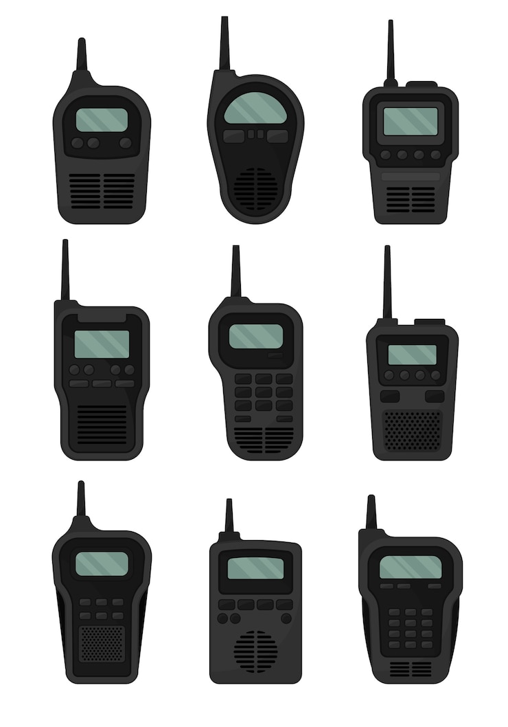Vector set zwarte portofoons met antenne en scherm