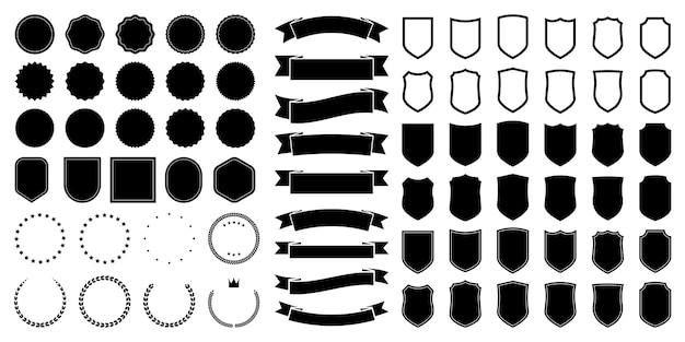 Vector set zwarte ronde, driehoekige en zeshoekige badges en linten