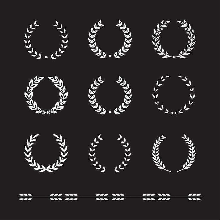Vector set zwarte silhouet cirkelvormige laurier foliate tarwe en eiken kransen die een prijs prestatie uitbeelden