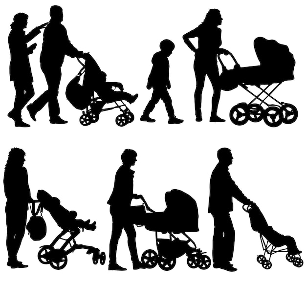 Set zwarte silhouetten gezin met kinderwagen op witte achtergrond vector illustratie