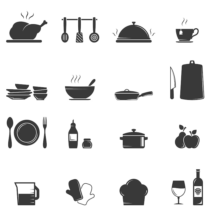 Vector set zwarte vectoriconen geïsoleerd tegen een witte achtergrond platte illustratie op een thema keuken en culinaire