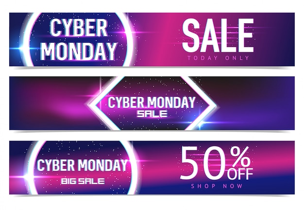 Vettore setbanners per la vendita del cyber monday con effetti neon e glitch. cyber monday, modelli di shopping e marketing online. manifesto . .