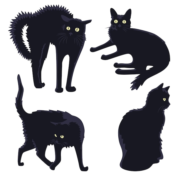 Vector seth illustratie van vier zwarte katten in verschillende poses geïsoleerd op een witte achtergrond cartoon stijl cats
