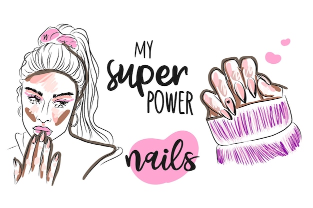 Seth nails are my superpower 手書きの引用 女の子の肖像画 手 トレンディなマニキュア