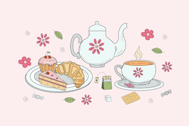 Vector seth tea een theepot een kopje thee en een bord gebak en een croissant kleur vectorillustratie in doodle stijl