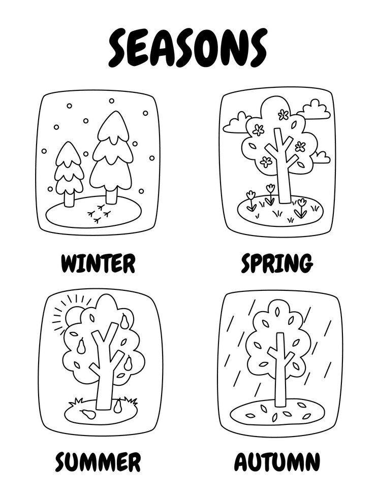 Setlijn van winter lente zomer en herfst posters Hand getekende vector illustratie van vier seizoenen