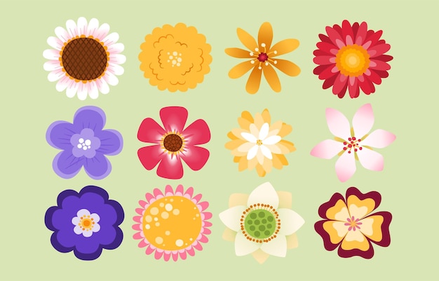 Sets of Beautiful Flowers in Top View Flat Design Doodle Vector Illustration