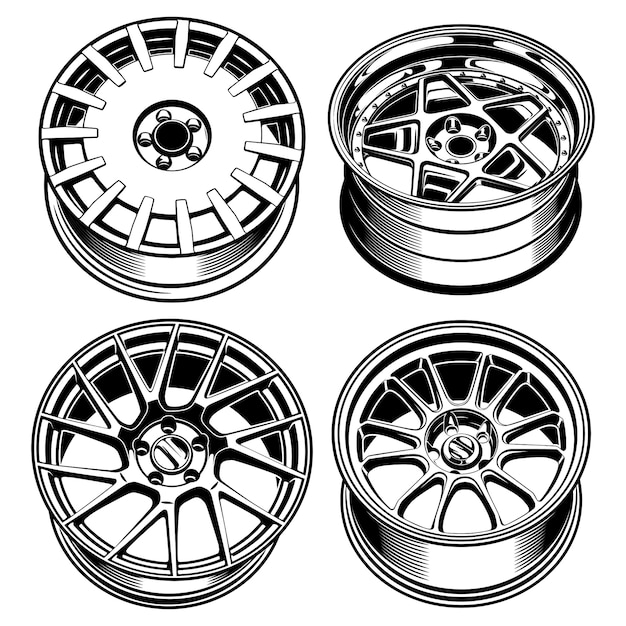 Sets of car wheels rims line art silhouette illustration for conceptual design